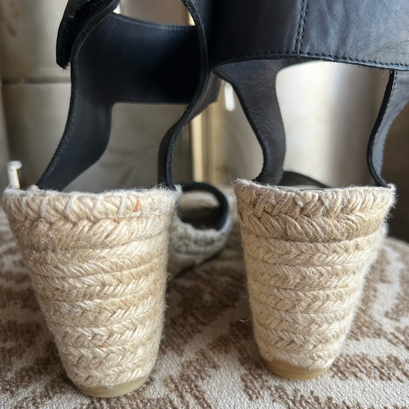 Black leather sandals espadrilles ankle strap velcro closure - Picture 10 of 14